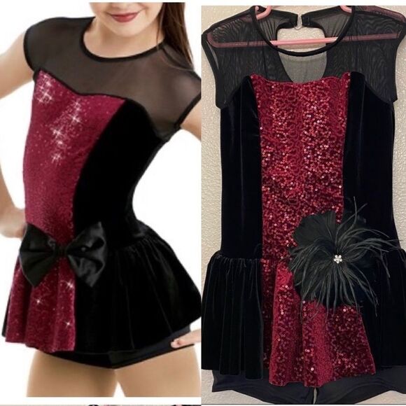 Weissman dance costume WHAT ABOUT US11047 burgundy velvet feather MC child 10/12 - Picture 1 of 14
